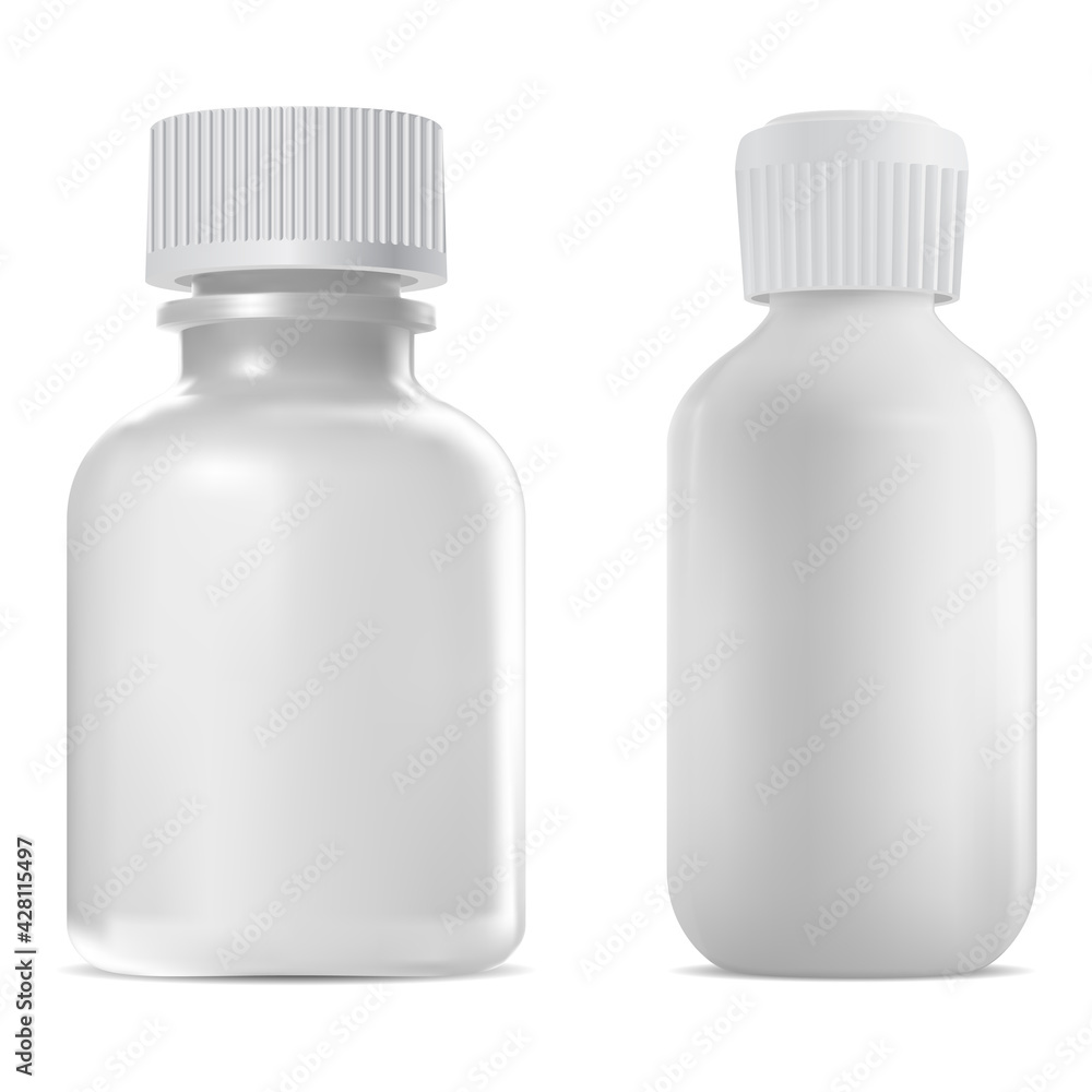 Screw cap bottle, medical vial. Apothecary syrup, clear medicine bottle template. Serum dose jar. Medicament drug, realistic vitamin container blank mockup. White glass bottle design Screw cap bottle, medical vial. Apothecary syrup, clear medicine bottle template. Serum dose jar. Medicament drug, realistic vitamin container blank mockup. White glass bottle design