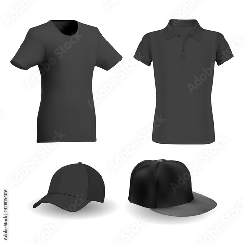 Black tshirt, black baseball hat vector template mockup. Sport apparel realistic blank, active short sleeve outfit. Collar shirt, clothes illustration, front view, merchandise wear