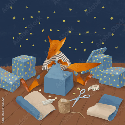 Digital illustration about the fox sitting on the floor and wrapping gifts.