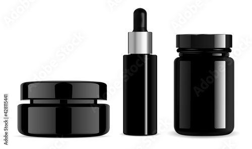 Black cosmetic bottle, cream jar, serum dropper, pill bottle. Gloss glass beauty package, vector facce porder container blank. glossy serum flask