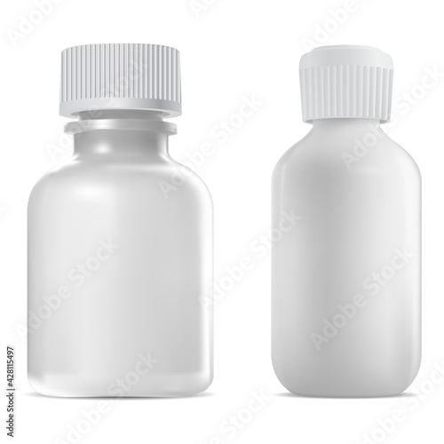 Screw cap bottle, medical vial. Apothecary syrup, clear medicine bottle template. Serum dose jar. Medicament drug, realistic vitamin container blank mockup. White glass bottle design