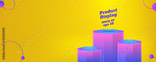 Vector flat geometric product display summer background, purple glow yelow color block studio kiosk.banner with copy space for display of product for advertise online