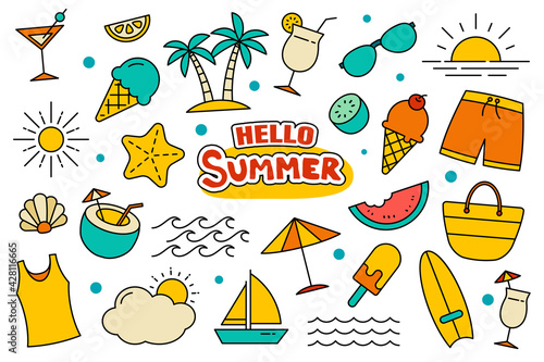 Hello summer collection set design on white background. Summer  symbols and objects colorful.