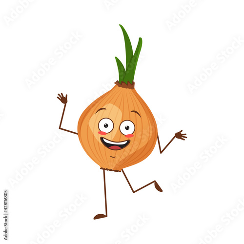 Cute onion character cheerful with emotions dancing, arms and legs. The funny, happy or smile hero, vegetable