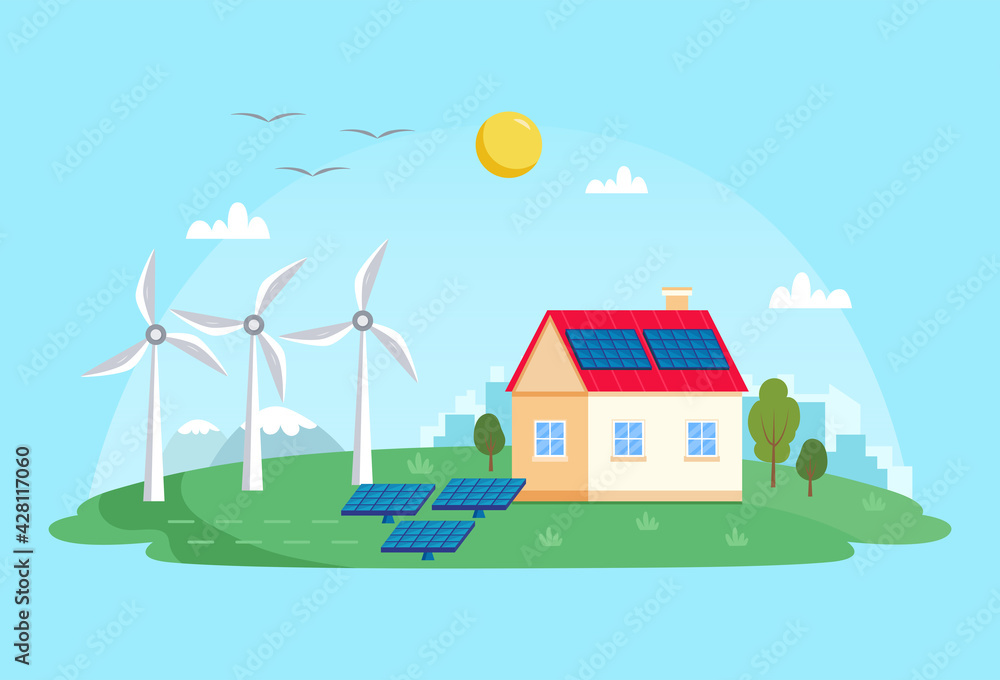 Green energy - landscape with wind power station, solar panels, small house. Concept illustration for ecology, green power, wind energy. Ecology illustration in flat style