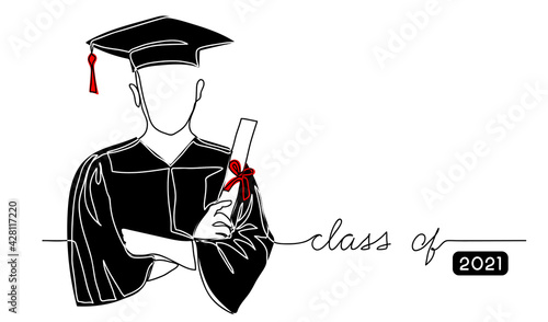 Graduating student with cap, black gown, holding diploma simple vector background, poster, banner. One continuous line drawing illustration with text Class of 2021