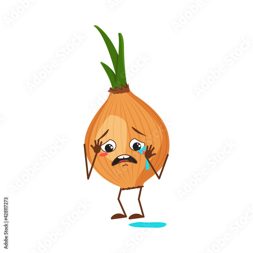 Onion characters with crying and tears emotions, face, arms and legs. The funny or sad hero, vegetable