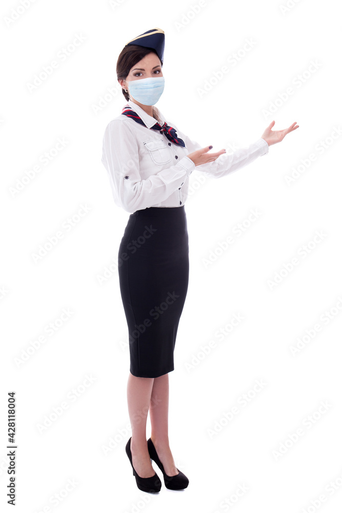 welcoming flight attendant in medical mask isolated on white welcoming flight attendant in medical mask isolated on white