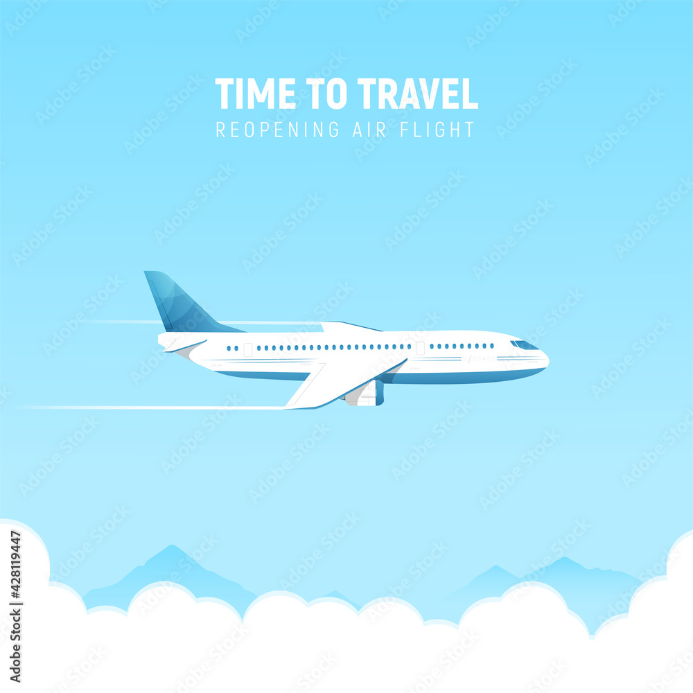 Opening of flights to holiday destinations concept. Airplane flying in the sky, banner. Vector illustration in flat style.
