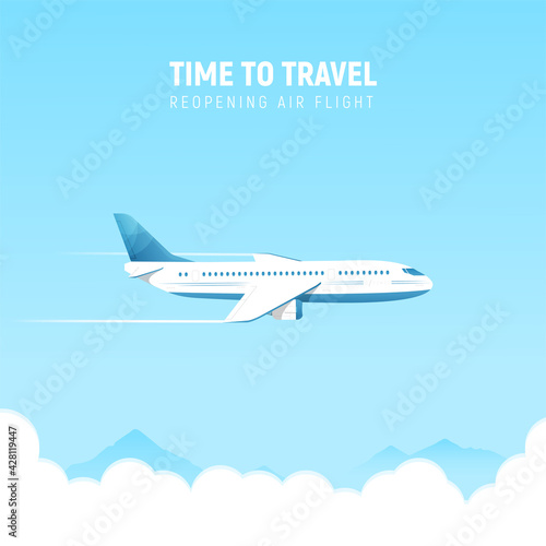 Opening of flights to holiday destinations concept. Airplane flying in the sky, banner. Vector illustration in flat style.