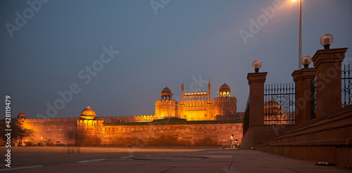 The Red Fort in New Delhi/ India at night. Ground level shot. This building makes you dream.  photo