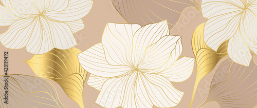 Gold abstract flower line arts background vector. Luxury pink watercolor wallpaper design for prints, wall arts and home decoration, cover and packaging design.