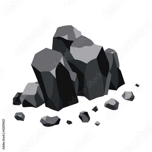 Coal black mineral resources. Pieces of fossil stone. Polygonal shapes. Black rock stones of graphite or charcoal. Energy resource charcoal icon