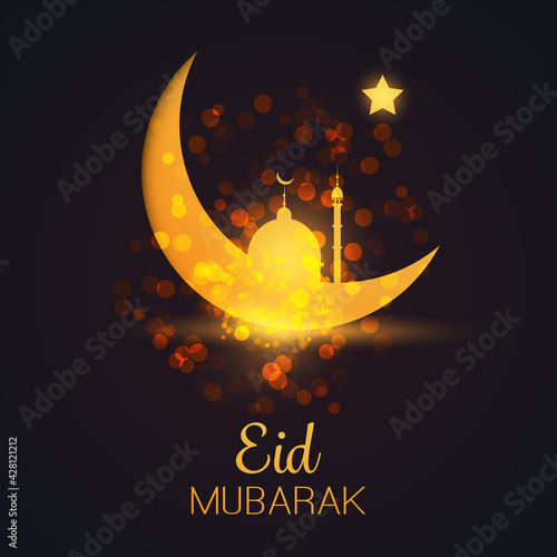 Ramadan Kareem or Eid Mubarak - Dark Greeting Card Design for Muslim Community Festival with Night Sky and Mosque on a Golden Crescent Moon