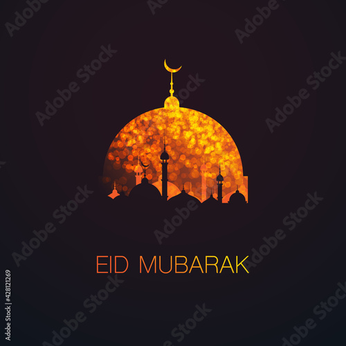 Ramadan Kareem or Eid Mubarak - Dark Greeting Card Design for Muslim Community Festival with Artistic Golden Mosque Silhouette in the Dark Night