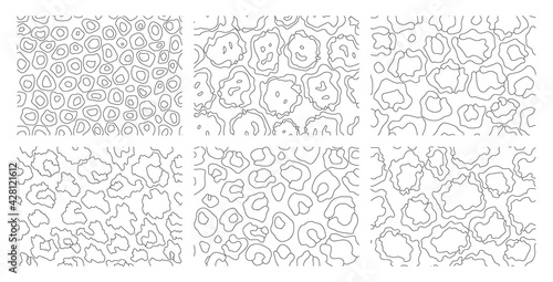 Collection of leopard textures. Coloring style. Seamless prints with wild animal skin. Leopard or cheetah nature design pattern. Wild animal skins print. Vector illustration background