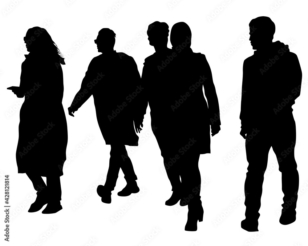 Crowds people walking on street. Isolated silhouette on a white background