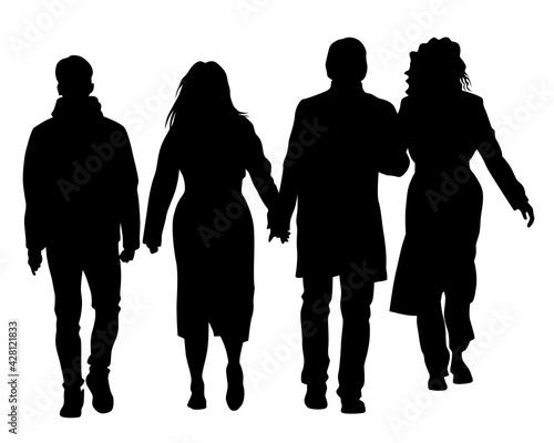 Crowds people walking on street. Isolated silhouette on a white background