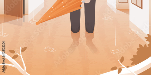 Creative illustration of flooding in residential areas. a man holding an umbrella during the flood and light rain. Calm, Mood, Sad. Hand Draw Vector