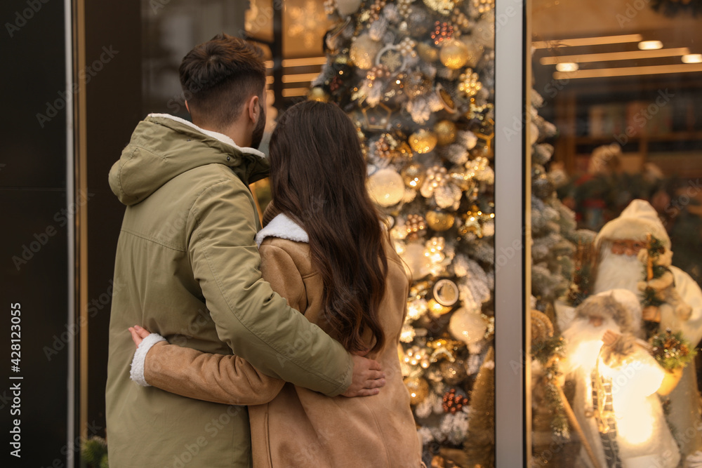 Lovely couple near store decorated for Christmas outdoors, back view - obrazy, fototapety, plakaty 