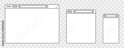 Line browser mockups different devices web window mobile, laptop and tablet screen in internet. Outline browser window. Web browser template. Vector illustration. photo