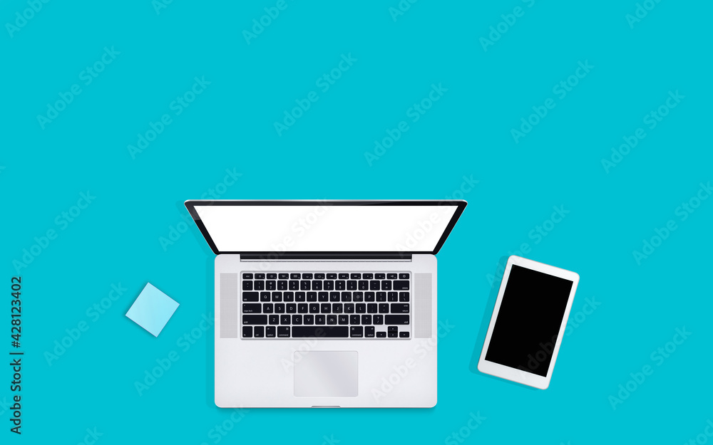 Top view Minimalist light blue work desk with laptop, organizer and woman connecting online, Top view Minimalist light blue work desk with laptop, organizer and woman connecting online,