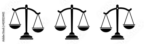 Justice scales icons set. Law scale icon collection. Balance concept. Libra silhouette. Weight in modern flat style on white background. 