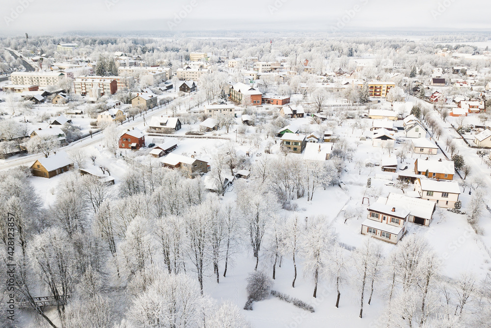 Frost on the trees on a snowy winter day. Skrunda, Latvia. Captured from above.