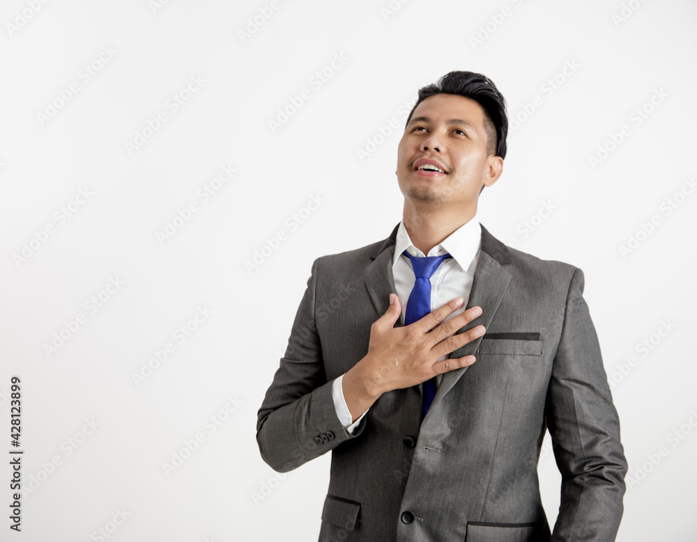 businessman relax expression holding chest office work concept. isolated white background businessman relax expression holding chest office work concept. isolated white background