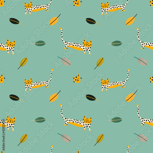 Vector seamless pattern with a tiger in tropical leaves and the inscription arrrr on a colored background in the Scandinavian style. Children s illustration for pajamas  posters  postcards  clothing