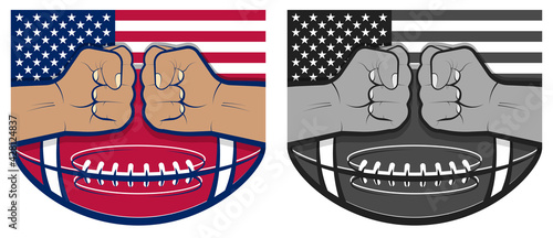 two strong hands of athletes clenched into fist on background of American football ball and American flag. Rivals in sports. Vector