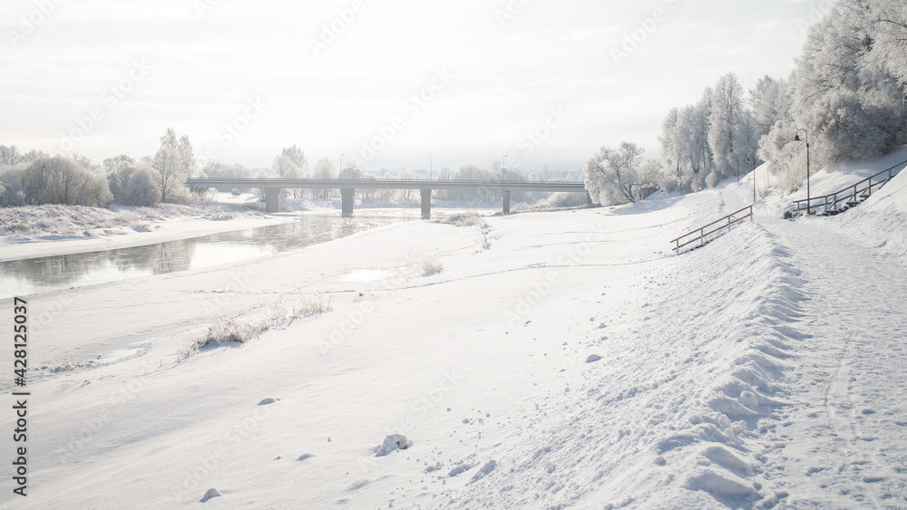 Obraz premium Frost on the trees on a snowy winter day. Skrunda, Latvia.