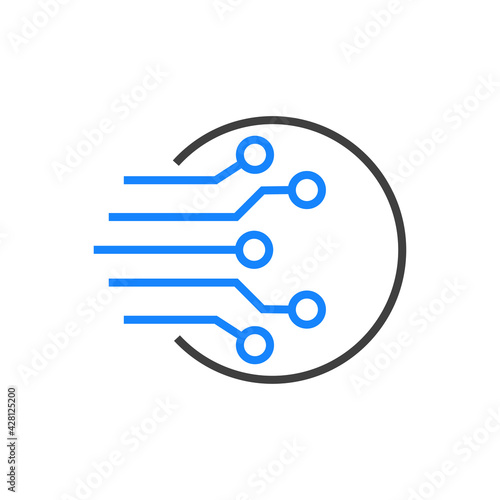 Tecnología electrónica. Circuito digital con lineas en círculo de color azul y gris