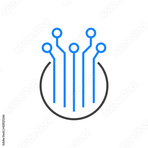 Tecnología electrónica. Circuito digital con lineas en círculo de color azul y gris