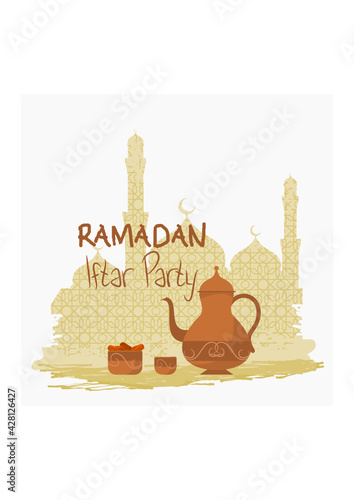 Editable Arabic Coffee in Dallah Pot and Finjan Cup With Dates Fruit in Bowl Vector Illustration in Front of Brush Strokes Patterned Mosque Silhouette for Ramadan Iftar Party Poster Design Concept