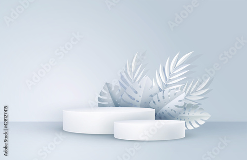 Minimal white scene with geometric shapes and palm leaves. Cylindrical podium on a yellow background. 3D stage for displaying a cosmetic product