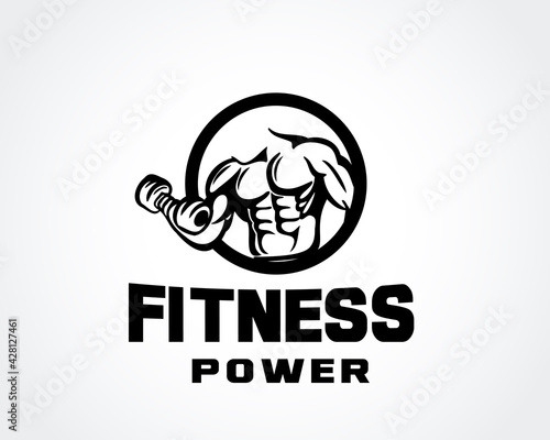 circle man athlete lifting dumbbell fitness gym logo design template vector illustration