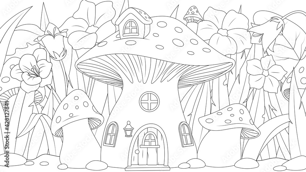 Vector graphics, mushroom house for a fairy, in a fairy glade with flowers, fantasy Vector graphics, mushroom house for a fairy, in a fairy glade with flowers, fantasy