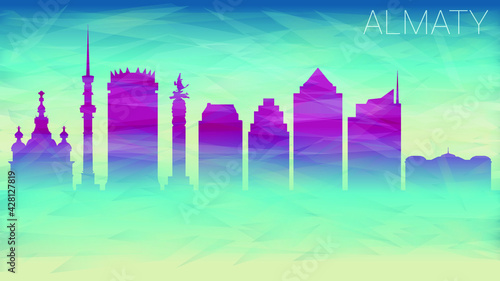 Almaty Kazakhstan City Skyline Vector Silhouette. Broken Glass Abstract Geometric Dynamic Textured. Banner Background. Colorful Shape Composition.