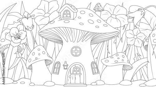 Vector graphics, mushroom house for a fairy, in a fairy glade with flowers, fantasy