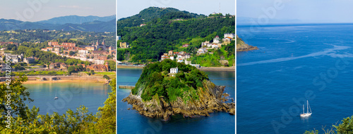 Collage travel background. Panoramic view of  the city, ocean and island on the sunny day. San Sebastian. Spain. photo