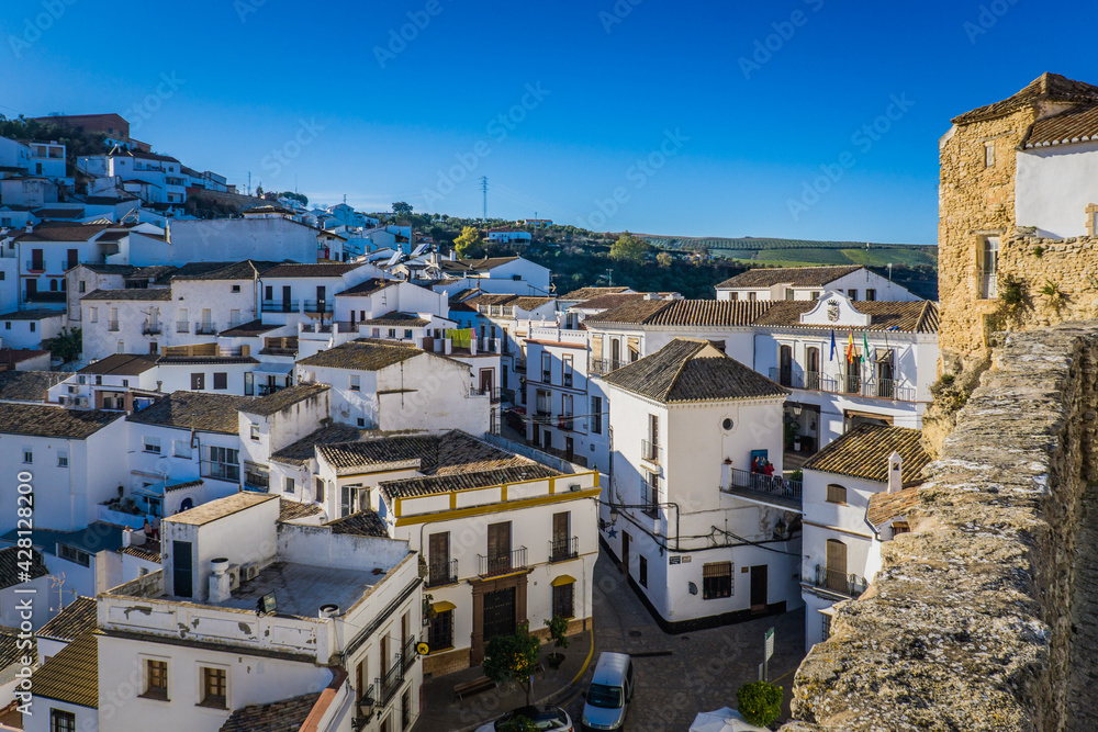 View on the white houses of the small village of Setenil de las Bodegas, one of the most famous white villages (Pueblo Blanco) of Andalusia, Spain