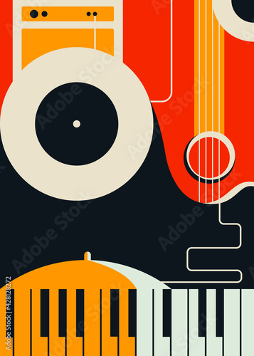 Poster template with abstract musical instruments. Jazz concept art.