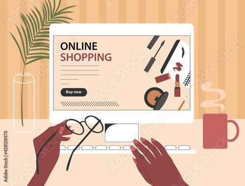 African American black female hands order cosmetics online. First-person view of a desk with a computer. Vector illustration