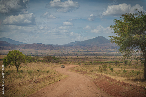 Road in savannah, African landscape, Uganda, Africa