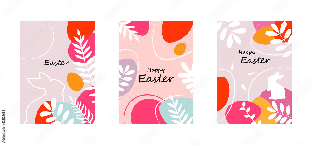 Holy Easter Sales banners, greeting cards, posters, holiday covers. Stylish design with typography, hand-painted plants, dots, eggs and bunny, pastel colors. Minimalist style of modern art.