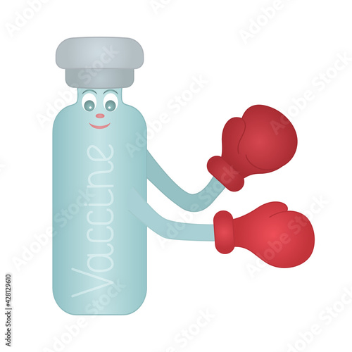 Vaccine in a vial. The glass bottle with the medicine is closed with a stopper. Fighting the virus. Colored vector illustration. Vaccine in boxing gloves. Immunization of humanity. Flat style.