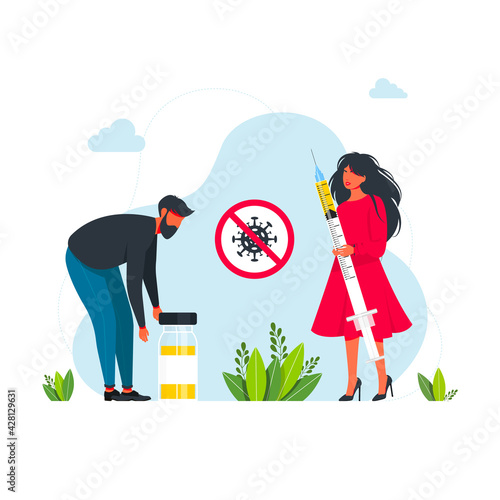 Time to vaccinate. Vaccination concept. Tiny people with vaccine, syringe, bottle. Modern flat cartoon style. Vaccine-preventable diseases abstract concept vector illustration. immunization schedule