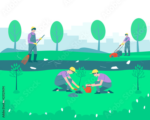 Gardeners and volunteers are cleaning the park. Trees are planted. The man removes the rubbish, sweeps the paths. Mows the grass with a lawn mower. Flat vector illustration. © Natali S