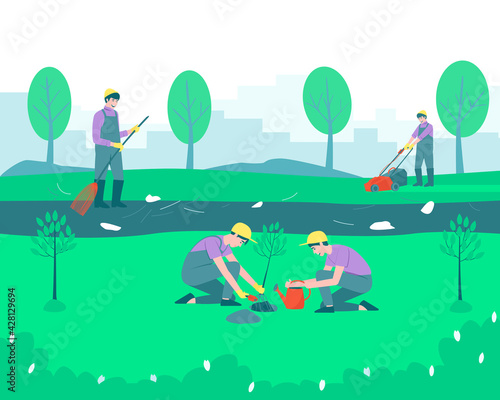 Gardeners and volunteers are cleaning the park. Trees are planted. The man removes the rubbish, sweeps the paths. Mows the grass with a lawn mower. Flat vector illustration.